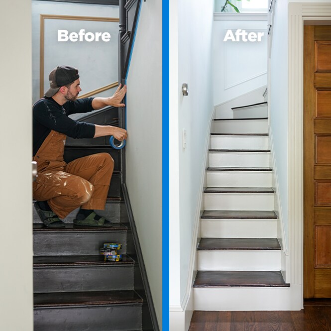 Stephen and David show how they revamped a stunning staircase area using ScotchBlue™ Sharp Lines Painter’s Tape (2093). A before and after photo of their staircase.
