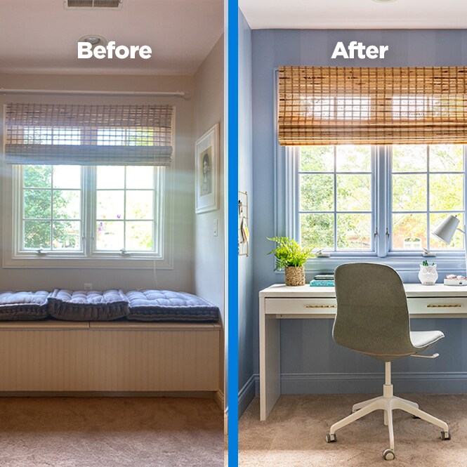 Jen Woodhouse creates a cozy office nook using ScotchBlue™ Sharp Lines (2093) and Scotch® Delicate Surface Painter’s Tape (2080) incorporating beautiful wall stripes. A before and after photo of her office.
