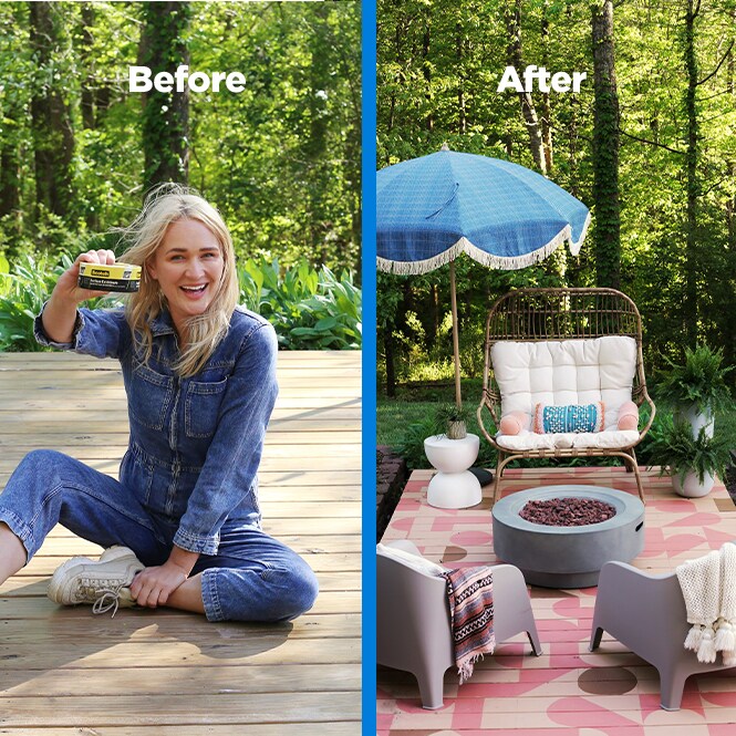 Jodi Bond shows us how to refresh an outdoor living space with creative patterns using Scotch® Exterior Surface Tape, a before and after photo of the patio.
