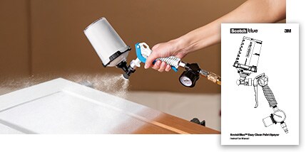 A hand spraying white paint on a cabinet door using the Easy Clean Paint Sprayer. A thumbnail of the manual in the bottom right corner.
