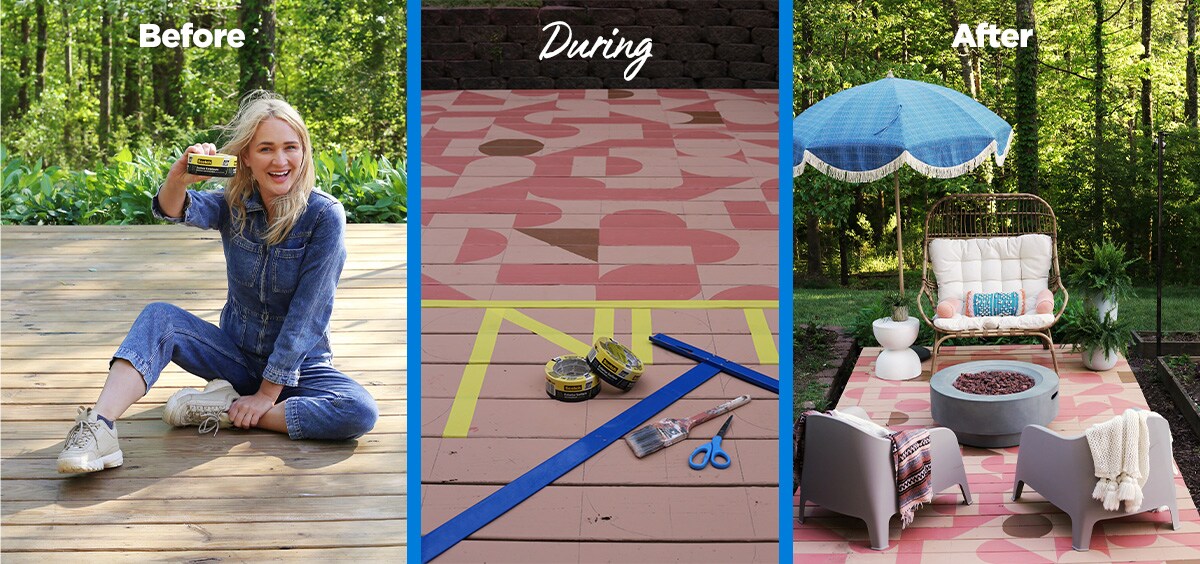 A collage of three images, before, during and after the deck was painted using Scotch® Exterior Surface Tape

