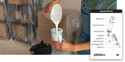 A person pouring white paint from one container into another. A thumbnail of the Easy Clean Paint Sprayer Quick Setup Guide in the bottom right corner.
